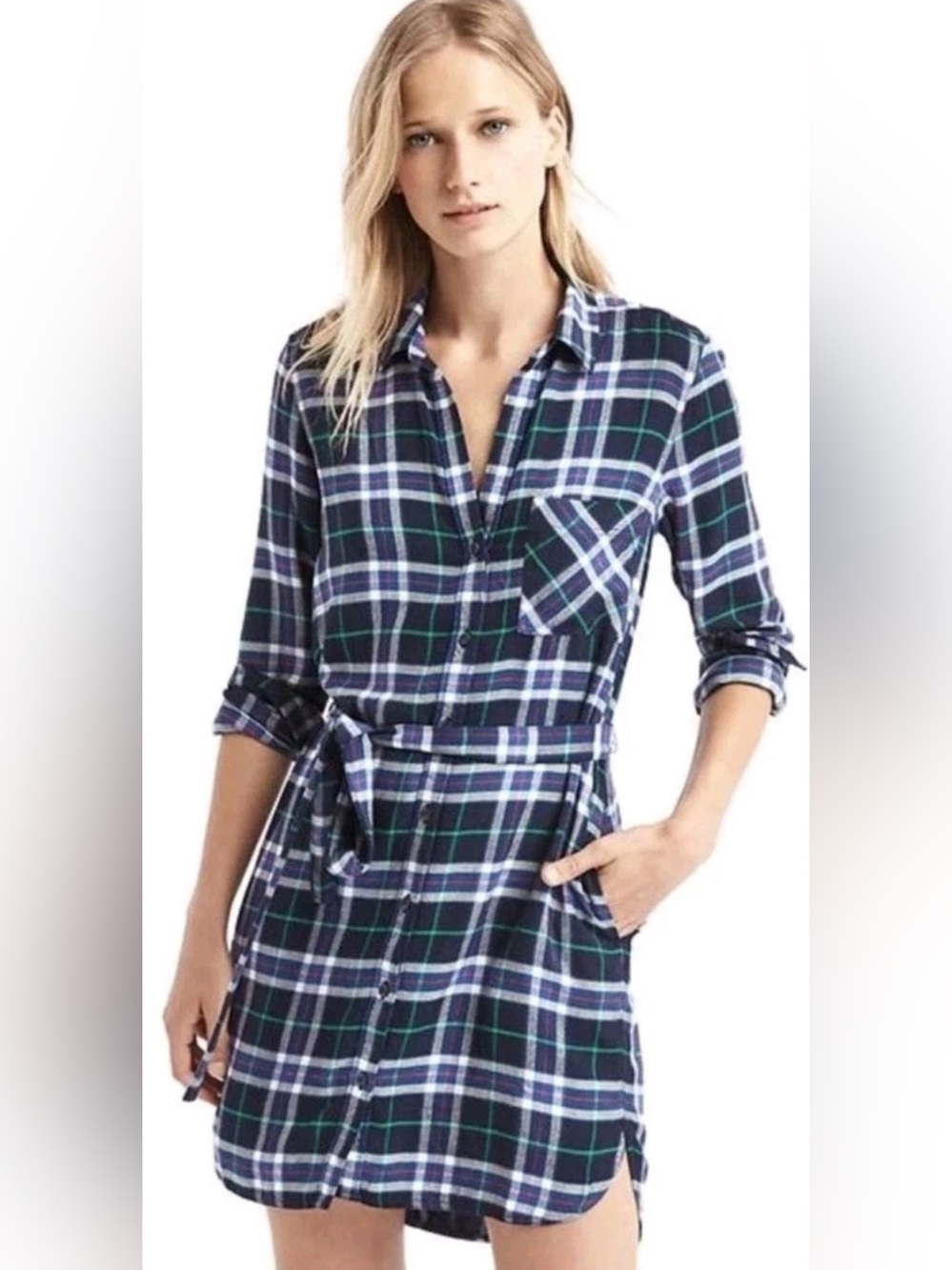 Gap + Pendleton Blue Plaid Long Sleeve Flannel Shirt Dress Size XS Cozy Momcore
